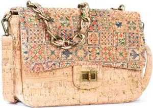 Women's Cork Crossbody Shoulder Bag with Chain Strap, Portuguese Tile Print, Natural Cork Material, 11W x 3.5D x 8H inches