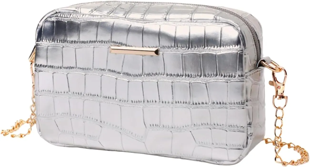 Women's Crocodile Texture Crossbody Bag Purse Glitter Clutch Glossy Party Handbag with Chain