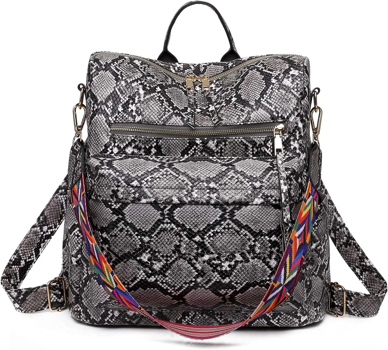 Women's Snake Print Backpack Snakeskin Purse Handbag Shoulder Bag Casual Multipurpose Tote Travel Rucksack (Grey)