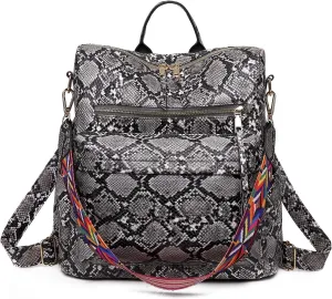 Women's Snake Print Backpack Snakeskin Purse Handbag Shoulder Bag Casual Multipurpose Tote Travel Rucksack (Grey)