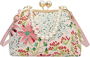 Women’s Vintage Embroidered Flower Crossbody Bag, Antique Kiss-Lock Closure & Adjustable Pearl Chain Strap