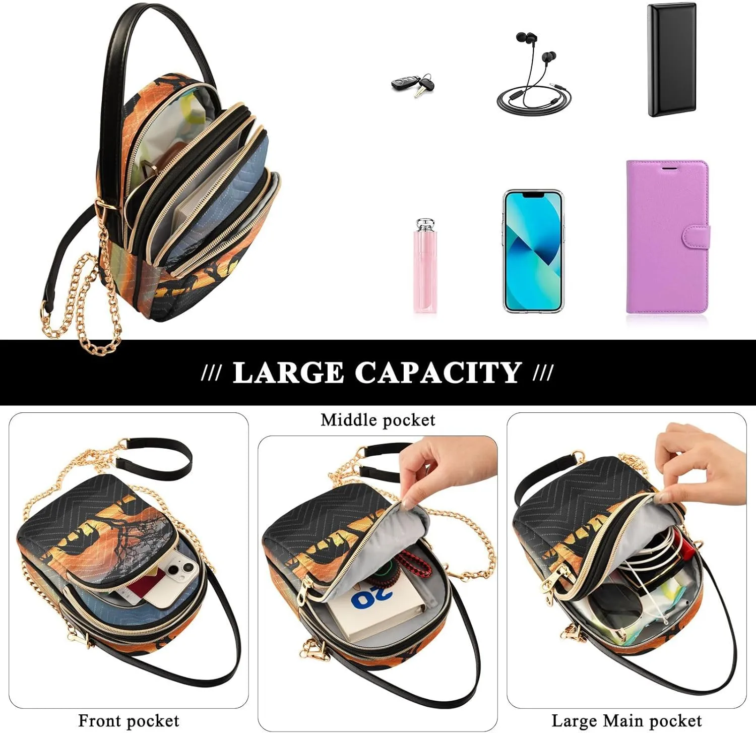 Women's Wave Cross Body Chest Bag, 52 inch Gold Chain Shoulder Handbag Purse