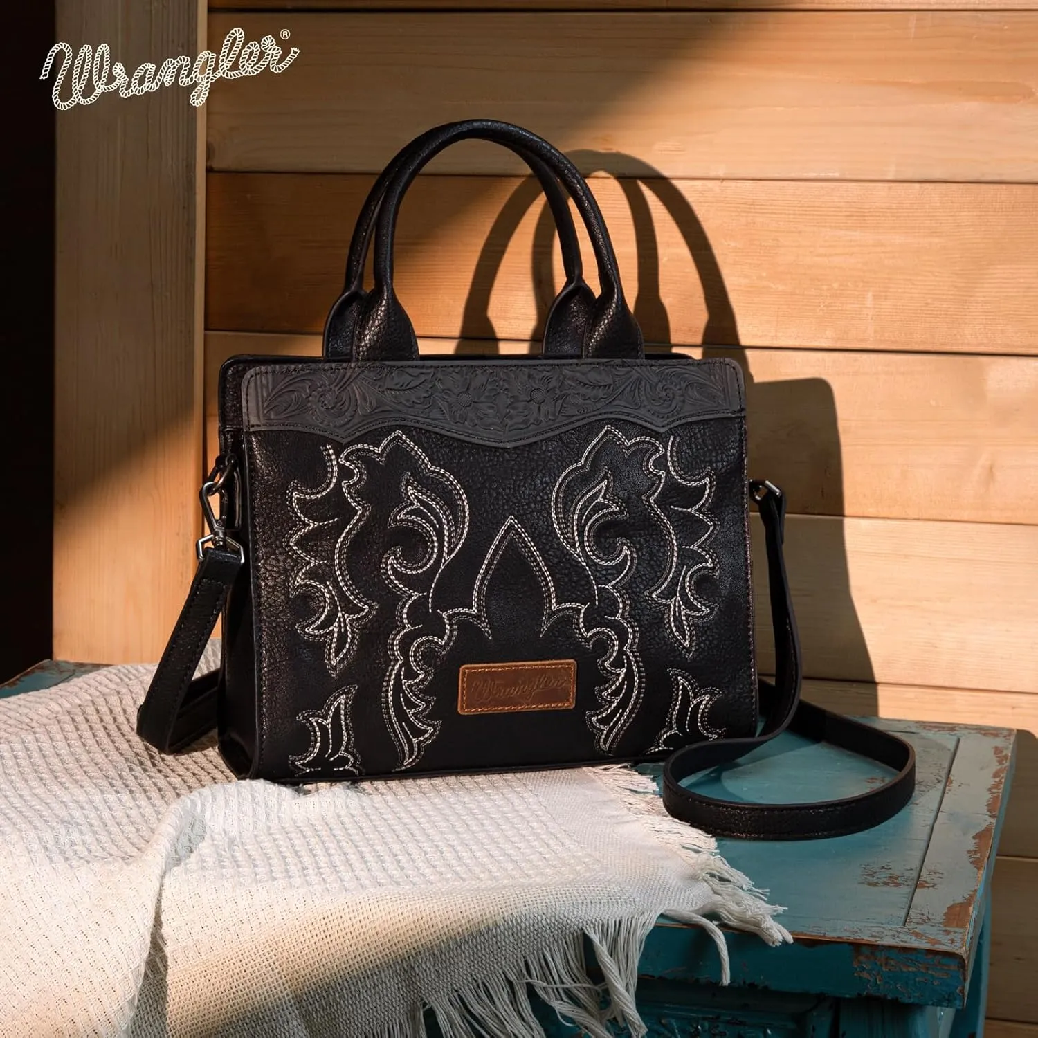 Wrangler Top Handle Handbags Western Fringe Crossbody Bag for Women Embroidered Boot Scroll Ladies Handbag