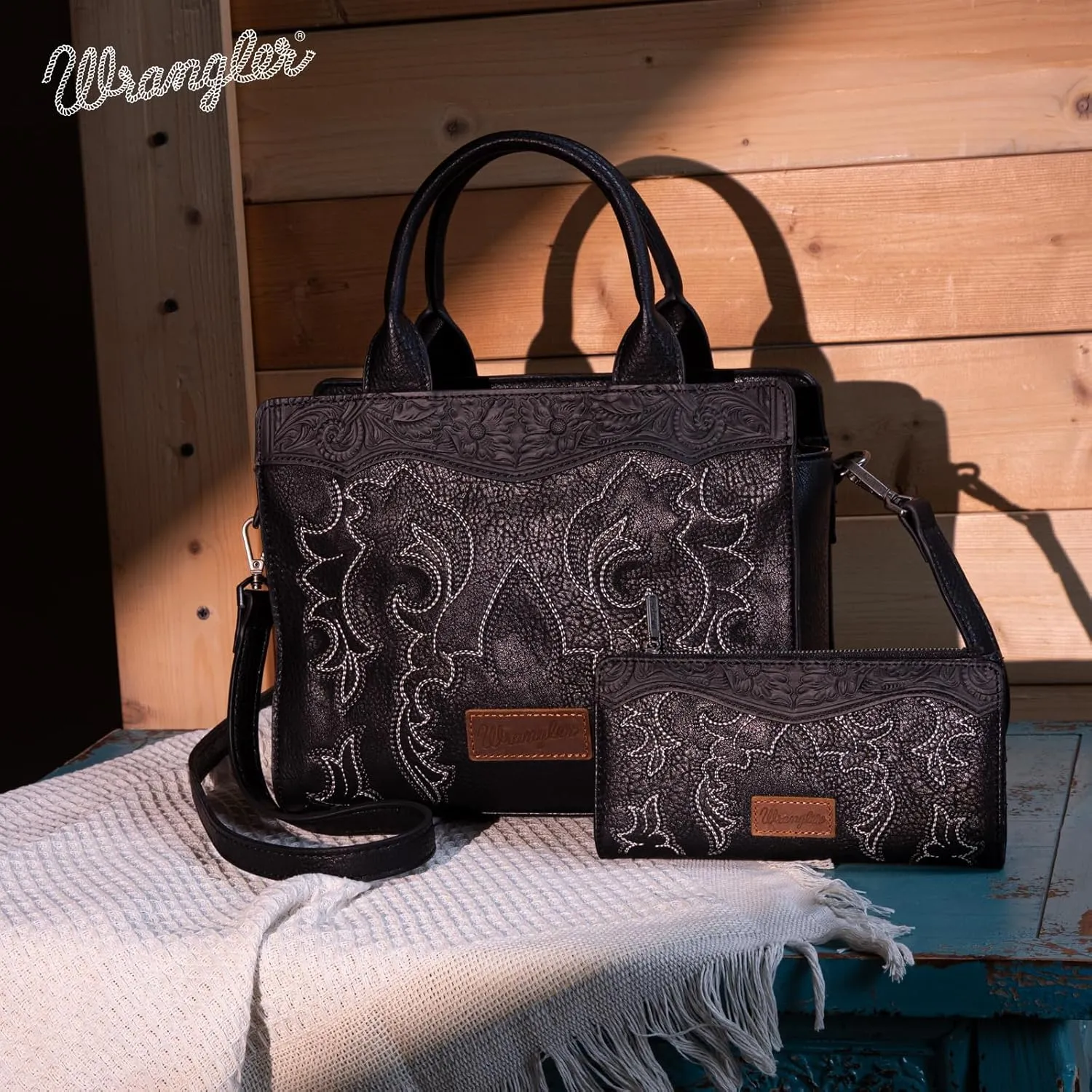 Wrangler Top Handle Handbags Western Fringe Crossbody Bag for Women Embroidered Boot Scroll Ladies Handbag