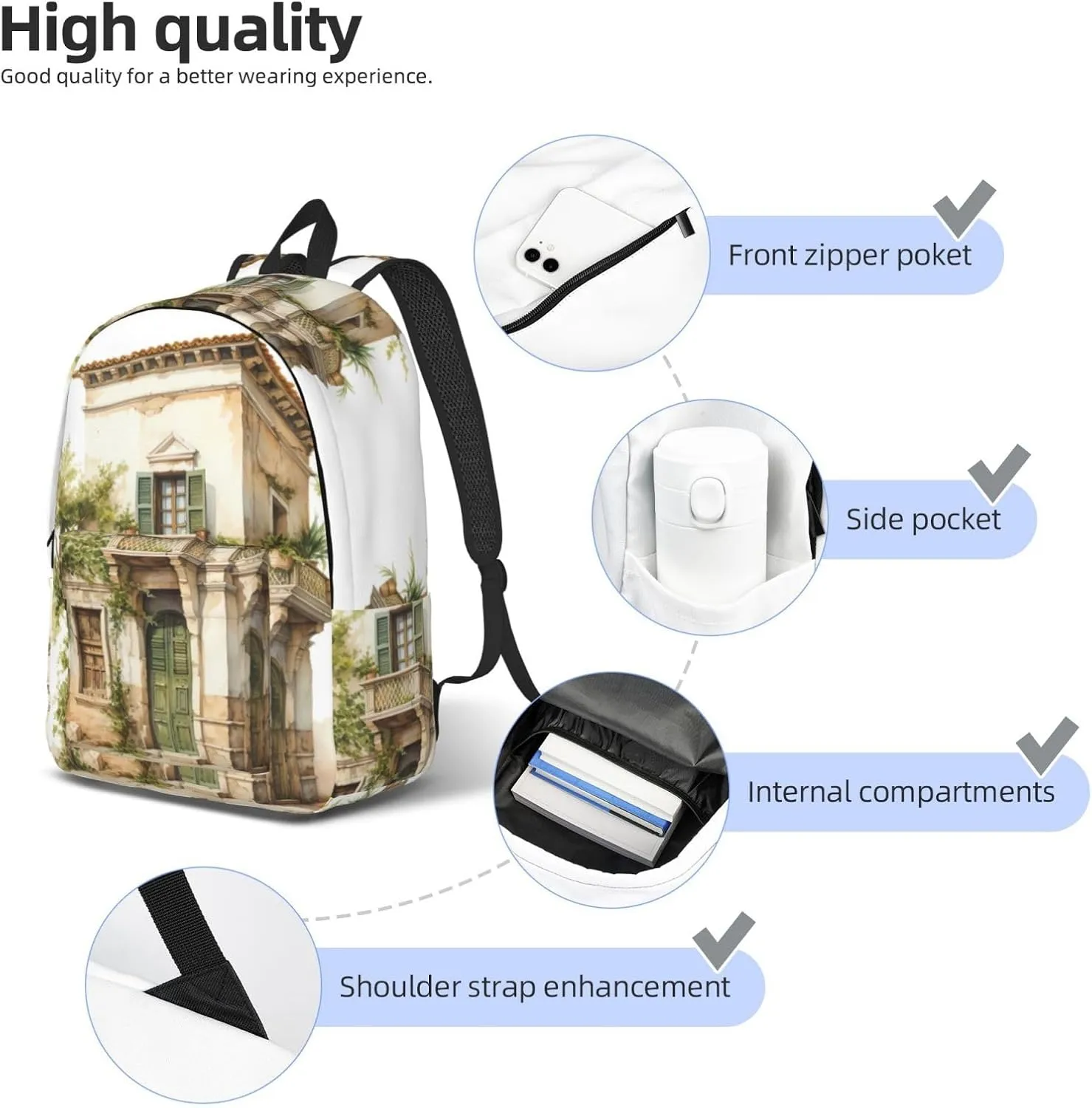 WURTON Antique Building With Roman Olive Branch And Greek Print Backpack Casual Bookbag Men Women Laptop Lightweight Cute Travel Rucksack Bestow