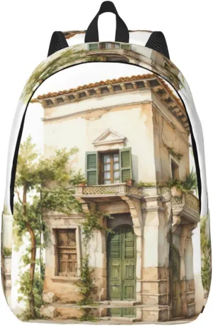 WURTON Antique Building With Roman Olive Branch And Greek Print Backpack Casual Bookbag Men Women Laptop Lightweight Cute Travel Rucksack Bestow