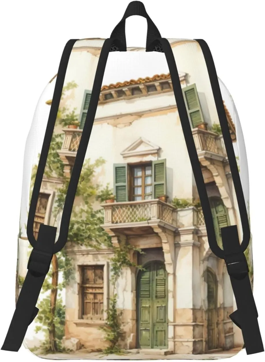 WURTON Antique Building With Roman Olive Branch And Greek Print Backpack Casual Bookbag Men Women Laptop Lightweight Cute Travel Rucksack Bestow
