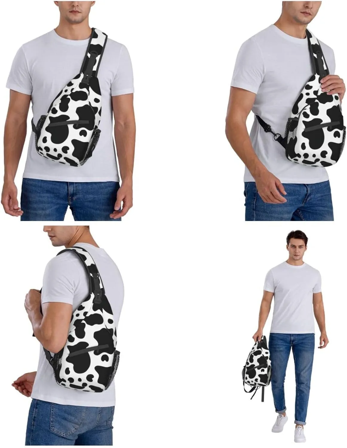 WURTON Black And White Cow Print Crossbody Backpack Shoulder Bag Cross Chest Bag For Travel, Hiking Gym Tactical Use