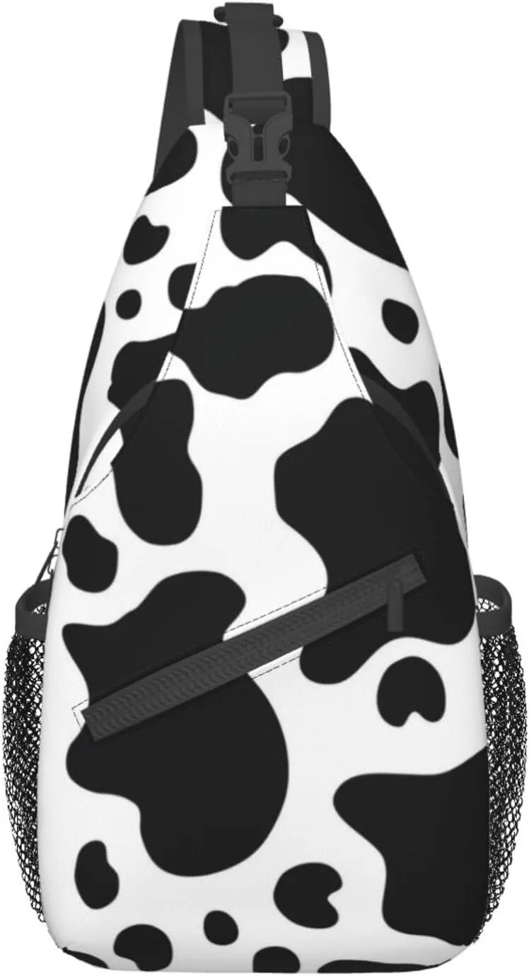 WURTON Black And White Cow Print Crossbody Backpack Shoulder Bag Cross Chest Bag For Travel, Hiking Gym Tactical Use