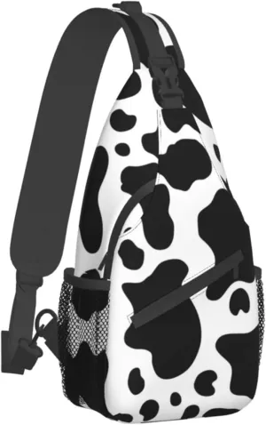 WURTON Black And White Cow Print Crossbody Backpack Shoulder Bag Cross Chest Bag For Travel, Hiking Gym Tactical Use