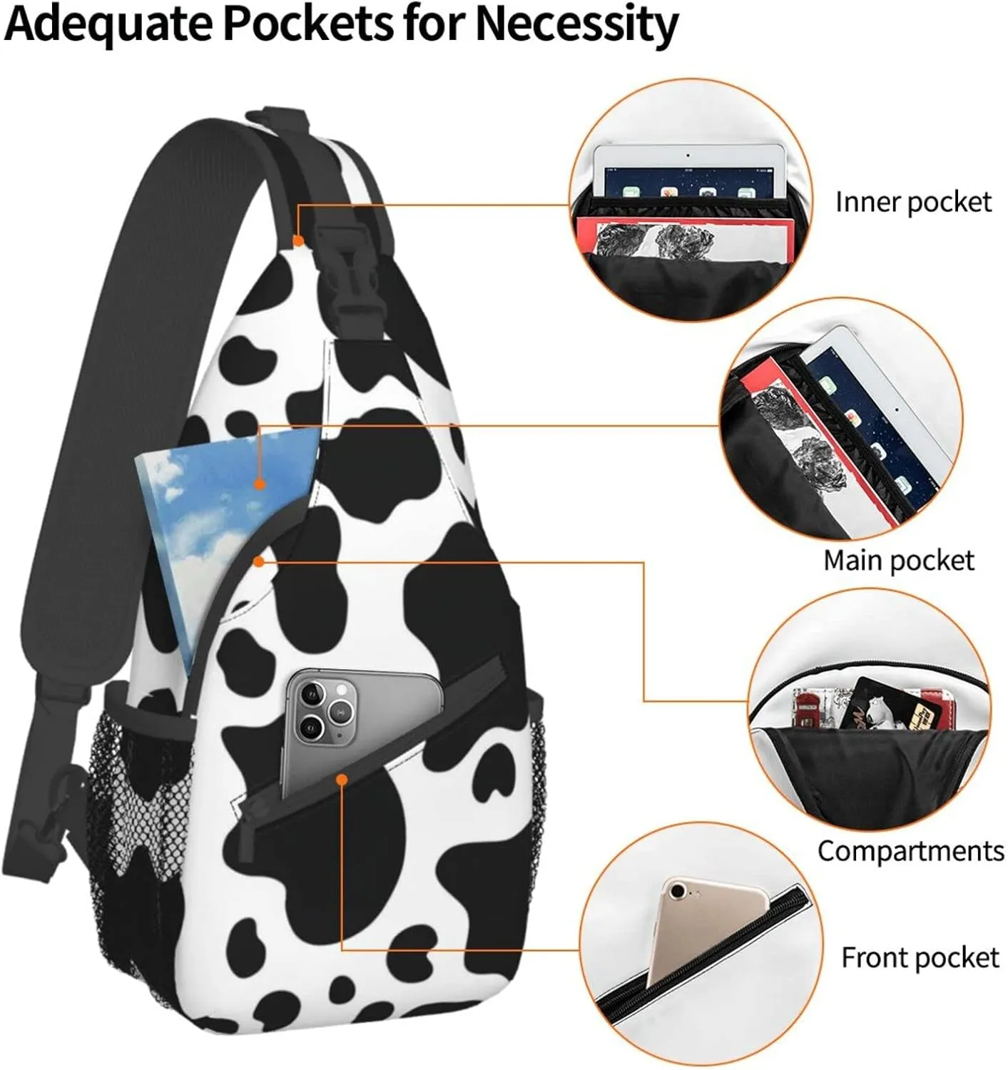WURTON Black And White Cow Print Crossbody Backpack Shoulder Bag Cross Chest Bag For Travel, Hiking Gym Tactical Use