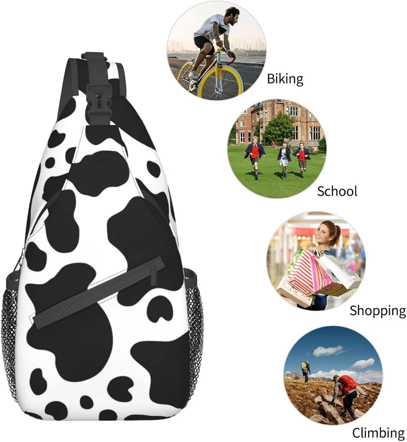 WURTON Black And White Cow Print Crossbody Backpack Shoulder Bag Cross Chest Bag For Travel, Hiking Gym Tactical Use