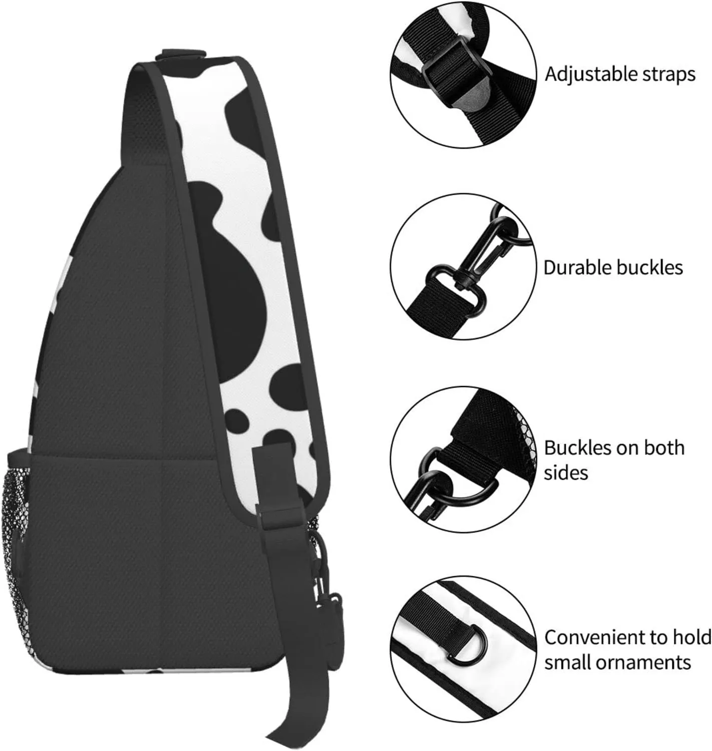 WURTON Black And White Cow Print Crossbody Backpack Shoulder Bag Cross Chest Bag For Travel, Hiking Gym Tactical Use