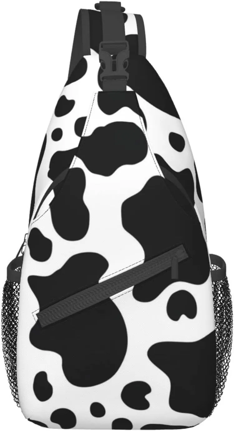 WURTON Black And White Cow Print Crossbody Backpack Shoulder Bag Cross Chest Bag For Travel, Hiking Gym Tactical Use