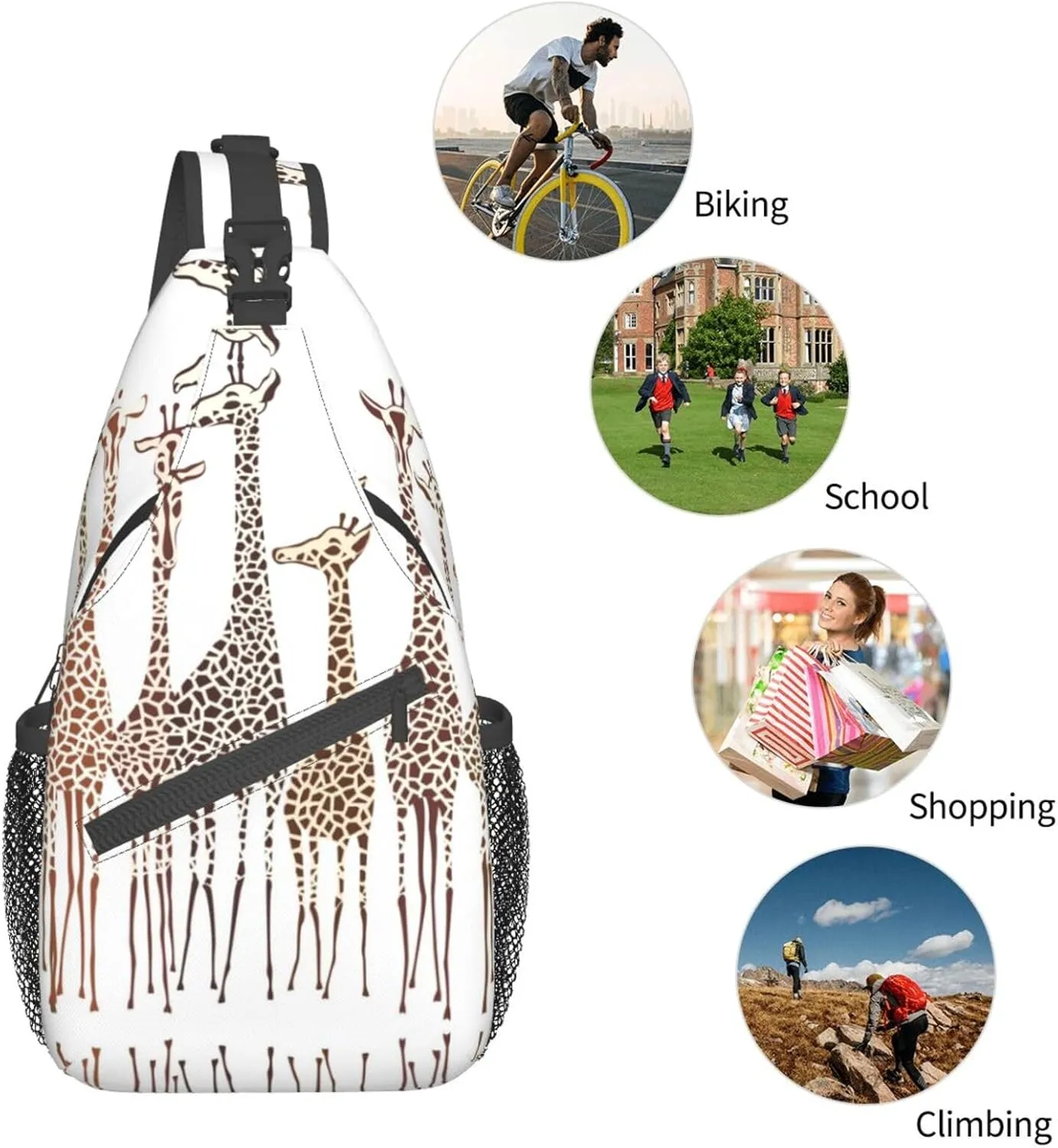WURTON Cute Cartoon Funny Giraffes Print Crossbody Backpack Shoulder Bag Cross Chest Bag For Travel, Hiking Gym Tactical Use