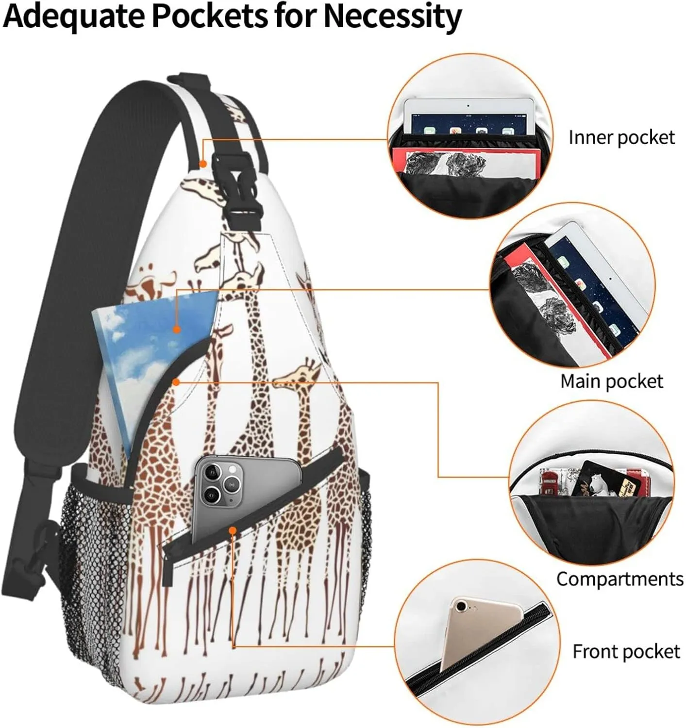 WURTON Cute Cartoon Funny Giraffes Print Crossbody Backpack Shoulder Bag Cross Chest Bag For Travel, Hiking Gym Tactical Use
