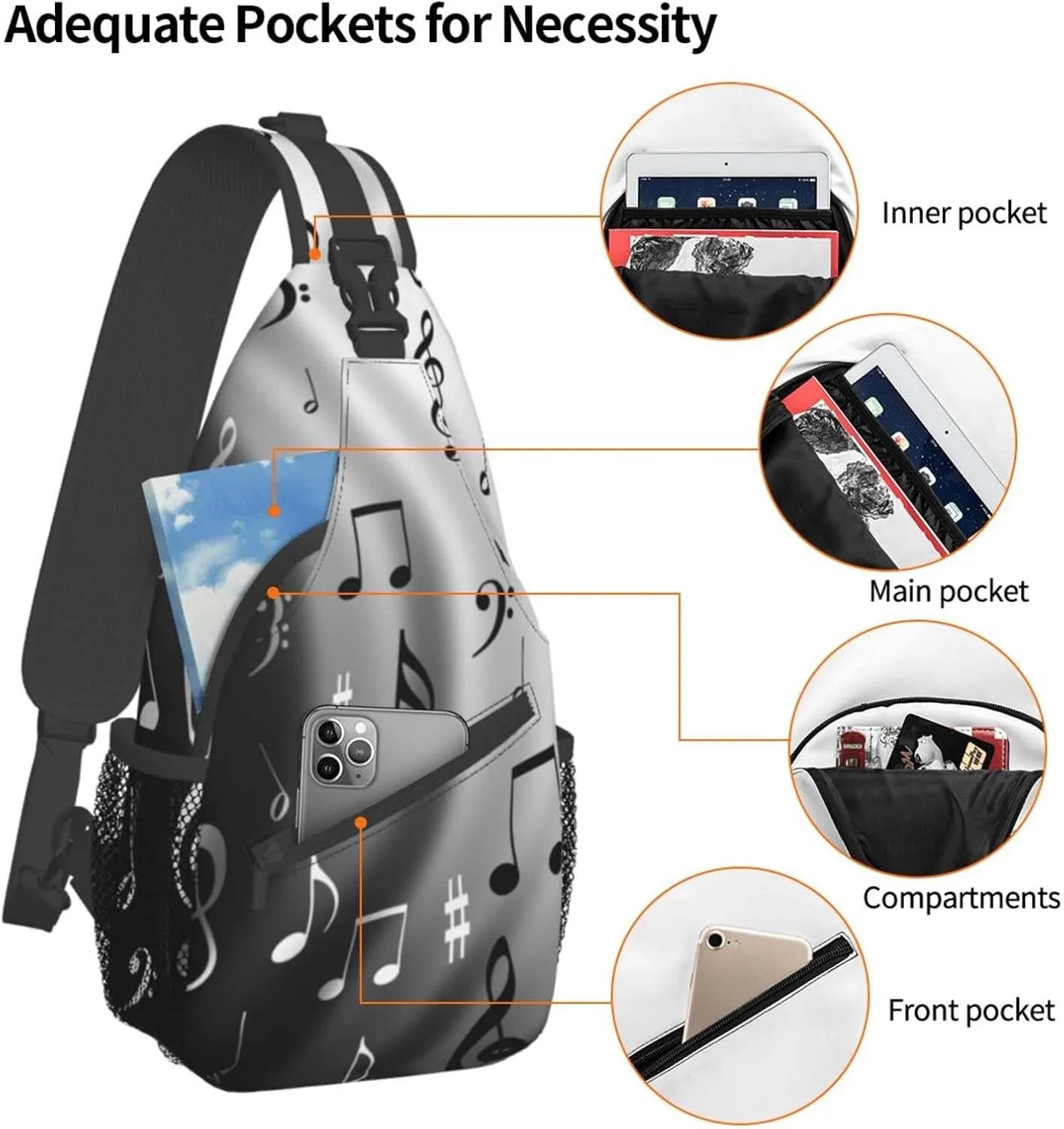 WURTON Music Notes Print Print Crossbody Backpack Shoulder Bag Cross Chest Bag For Travel, Hiking Gym Tactical Use