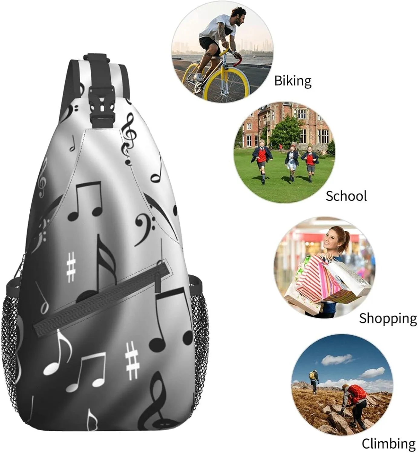 WURTON Music Notes Print Print Crossbody Backpack Shoulder Bag Cross Chest Bag For Travel, Hiking Gym Tactical Use