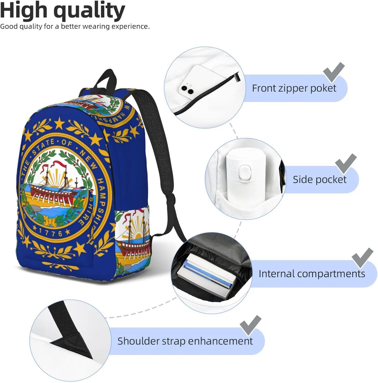 WURTON New Hampshire State Flag Print Unisex Canvas Bag Canvas Shoulder Pouch Pack Lightweight Backpack For Woman Lady