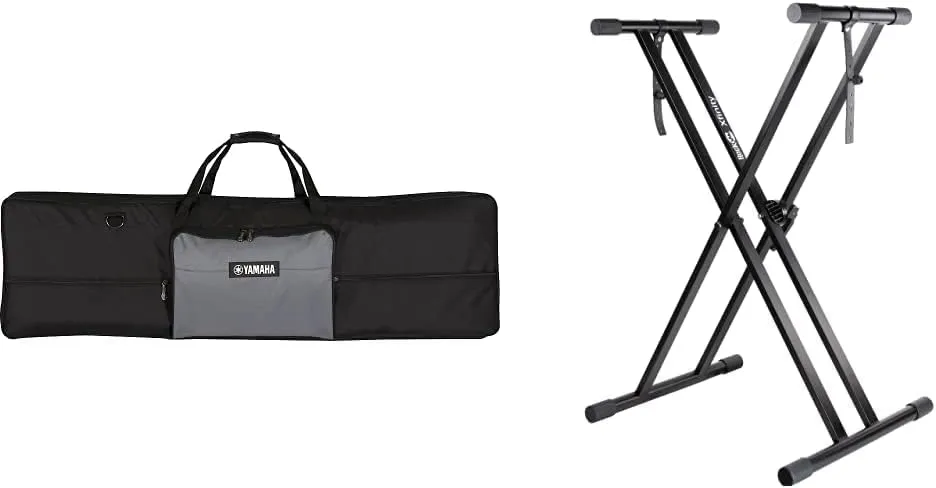 Yamaha Artiste Series Keyboard Bag for 76-Note Keyboards, Black/Gray and RockJam Xfinity Heavy-Duty, Double-X, Pre-Assembled, Infinitely Adjustable Piano Keyboard Stand with Locking Straps Bundle