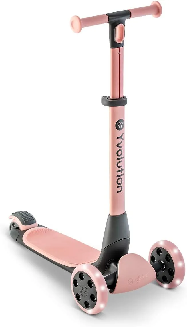 Yvolution Kids Kick Scooter, Glider Nua 3 Wheel Scooter, Foldable, LED Lighted Wheels, Adjustable Handlebars, for Boys and Girls, with Storage Accessory for Children Ages 3 to 10 Years Old