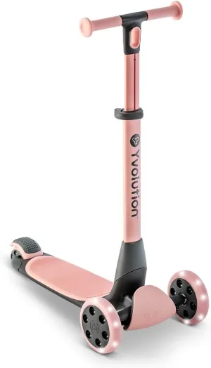 Yvolution Kids Kick Scooter, Glider Nua 3 Wheel Scooter, Foldable, LED Lighted Wheels, Adjustable Handlebars, for Boys and Girls, with Storage Accessory for Children Ages 3 to 10 Years Old