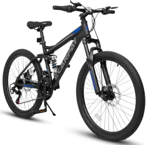 ZeHuoGe Mountain Bike 24 Inch Wheels, 21-Speed Full Suspension Mens Womens Trail Commuter City Mountain Bike, High Carbon Steel Frame Disc Brakes Grip Shifter Front Fork Rear Shock Absorber Bicycles