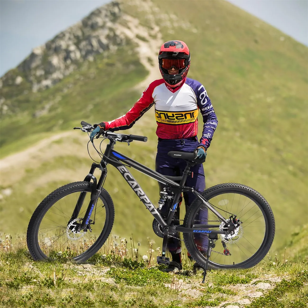 ZeHuoGe Mountain Bike 24 Inch Wheels, 21-Speed Full Suspension Mens Womens Trail Commuter City Mountain Bike, High Carbon Steel Frame Disc Brakes Grip Shifter Front Fork Rear Shock Absorber Bicycles