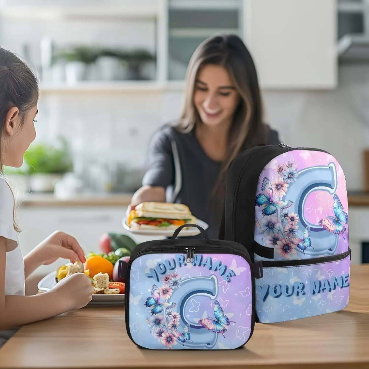 ZOUTAIRONG Letter C Print Backpack for School Removable Lunch Bag School Bags for Girls 7-10/10-12/12-16, Fashion Casual Backpack with Side Pockets