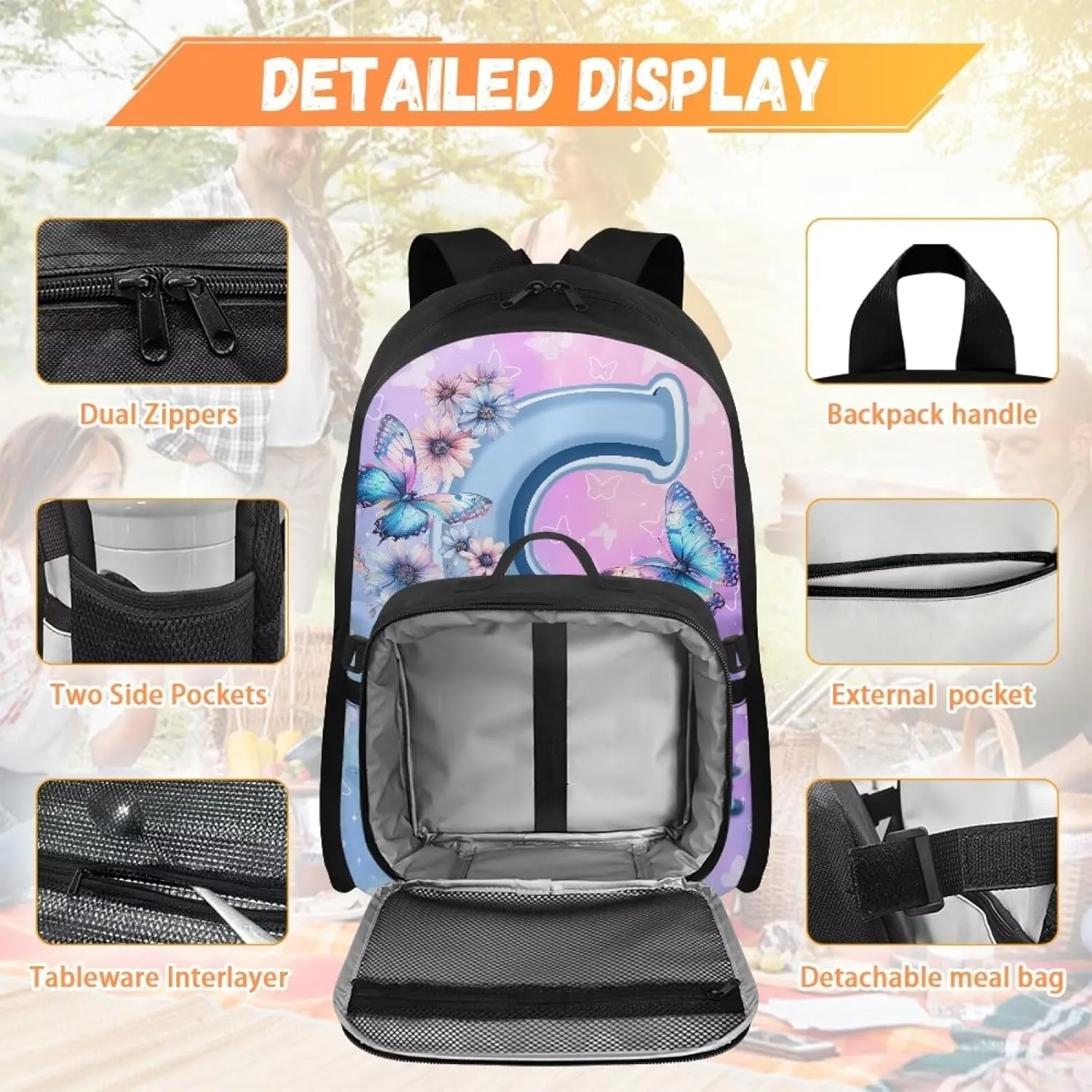 ZOUTAIRONG Letter C Print Backpack for School Removable Lunch Bag School Bags for Girls 7-10/10-12/12-16, Fashion Casual Backpack with Side Pockets
