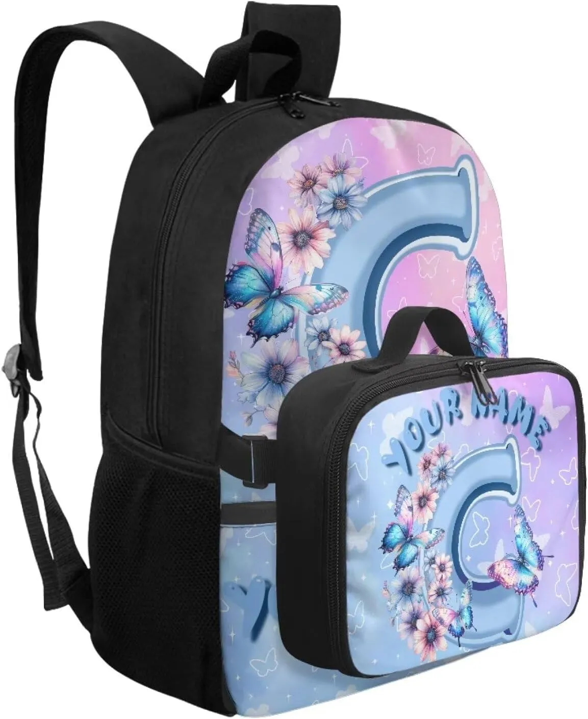 ZOUTAIRONG Letter C Print Backpack for School Removable Lunch Bag School Bags for Girls 7-10/10-12/12-16, Fashion Casual Backpack with Side Pockets